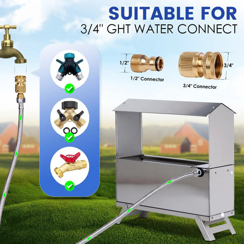 1.6 Gallon Automatic Chicken Waterer, Stainless Steel Poultry Dispenser With Float Valve Kit And Bottom Bracket beside connectors