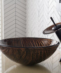 Round Brown Glass Vessel Bathroom Sink 17 Inch with Above Counter Design, built to last scratch-resistant surface, modern faucet