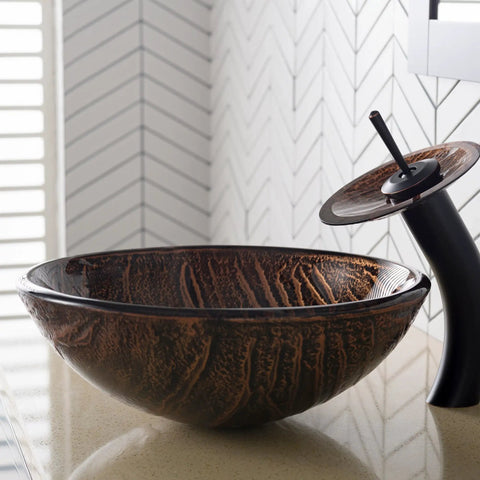 Round Brown Glass Vessel Bathroom Sink 17 Inch with Above Counter Design, built to last scratch-resistant surface, modern faucet