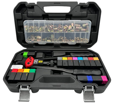 Pro Grade 16 Inch Rivet Nut Tool Kit with 15 Metric and SAE Mandrels, 236 Rivet Nuts, carrying case open view