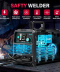 145 Amp 4 In 1 MIG Welder Dual Voltage displayed with protective helmet and cooling fan