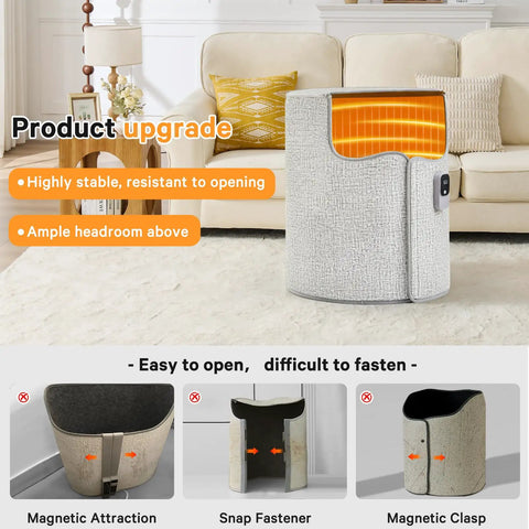 Under Desk Heater For Indoor Use Quiet Portable Space Heater with gray fabric cover displaying heating element; product upgrade features shown.
