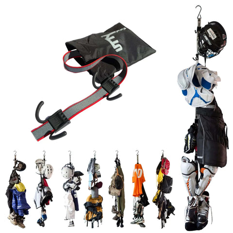 Multipurpose Portable Hanging Rack For Hockey Gear And Sports Gear Hanger With Six Adjustable Hooks Durable Vertical Drying Rack For Glove Helmet Cleats And Other Gear At Home Travel Or Outdoor Use showing sports gear hanging.