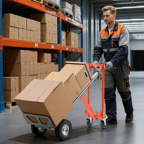Person using Heavy Duty 4 In 1 Hand Truck Dolly With 1000 Lb Capacity Converts Between 2 Wheel And 4 Wheel Modes Non Slip Handle in warehouse