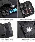 Close-up of black Bike Saddle Bag With Roll Tool Pouch for Mountain Road MTB and Fixed Gear Bikes showing compartments and tools.