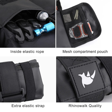 Close-up of black Bike Saddle Bag With Roll Tool Pouch for Mountain Road MTB and Fixed Gear Bikes showing compartments and tools.