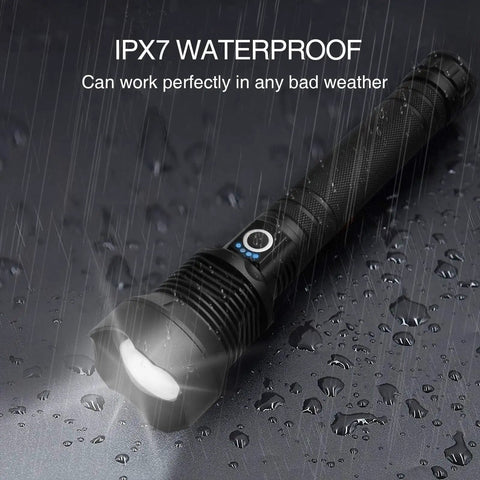 Rechargeable LED Flashlight 99,000 Lumens Ultra Bright Handheld Torch With 5 Modes, Waterproof under heavy rain on wet surface