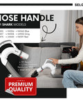 Woman using upgraded PVC and steel replacement hose handle for lift away vacuum rotator models NV355 NV356 NV357 NV358 NV370 UV440