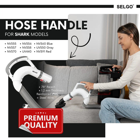 Woman using upgraded PVC and steel replacement hose handle for lift away vacuum rotator models NV355 NV356 NV357 NV358 NV370 UV440