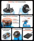 Image showing Rotary Welding Positioner With 10 Kg Load Capacity, 1-12 RPM, 20W Motor, 0 To 90 Degree Adjustable Turntable, 8.1 Inch 3-Jaw Chuck focusing on features like vertical stability, clamping range, tilt angle and foot pedal.