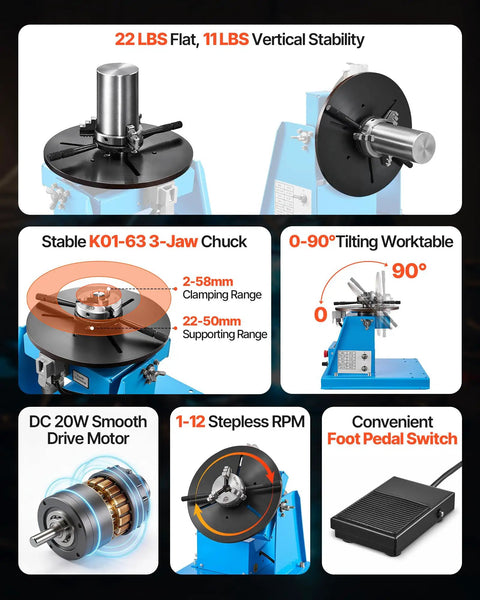 Image showing Rotary Welding Positioner With 10 Kg Load Capacity, 1-12 RPM, 20W Motor, 0 To 90 Degree Adjustable Turntable, 8.1 Inch 3-Jaw Chuck focusing on features like vertical stability, clamping range, tilt angle and foot pedal.