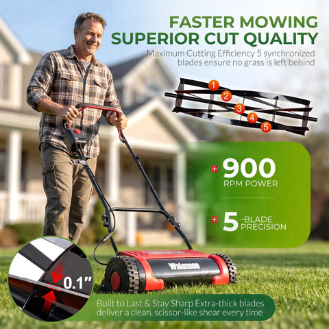 16 Inch Cordless Electric Reel Lawn Mower With Dual 36Wh Batteries For Long Run Time Up To 30 Minutes Of Mowing On Small To Medium Lawns Quiet Eco Friendly Yard Work No Fuss Easy Start, man mowing grass