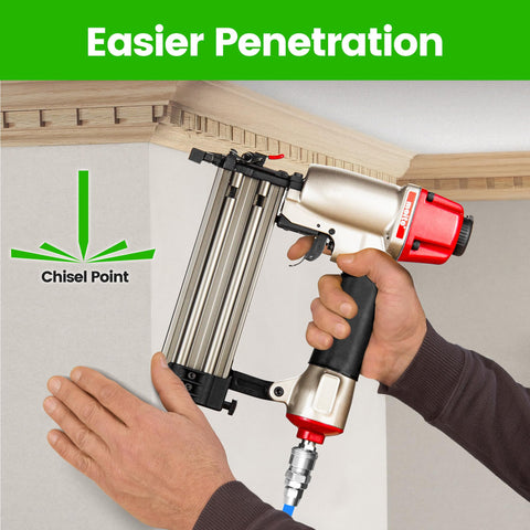 Using 18 Gauge Brad Nails Assortment Kit 4000 Piece Set In Four Sizes for trim with pneumatic nail gun.