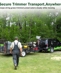 2 Place Locking Trimmer Rack For Open Landscape Trailers Heavy Duty Steel Weed Eater Holder shown on a trailer in a field