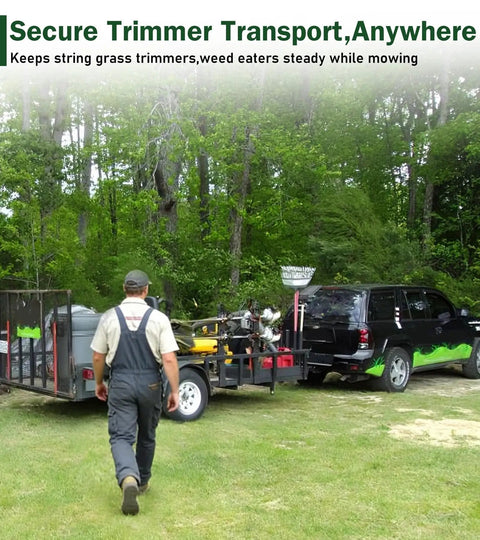 2 Place Locking Trimmer Rack For Open Landscape Trailers Heavy Duty Steel Weed Eater Holder shown on a trailer in a field