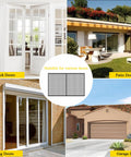 Image showing Ready-To-Install Magnetic Garage Screen For Double Car Doors, 16x7 Ft Reinforced Fiberglass Mesh With Full-Frame Tape Seam in various settings: French doors, patio, sliding, and garage doors.