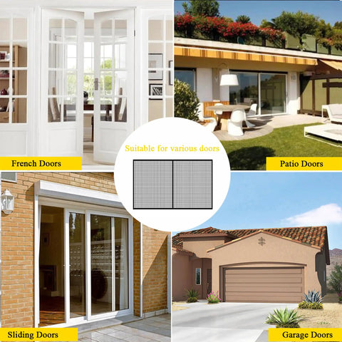 Image showing Ready-To-Install Magnetic Garage Screen For Double Car Doors, 16x7 Ft Reinforced Fiberglass Mesh With Full-Frame Tape Seam in various settings: French doors, patio, sliding, and garage doors.
