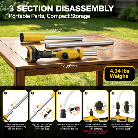 Heavy Duty Cordless Stick Transfer Pump Battery Powered For Tight Spots With 3 Section Detachable Tube and assembly instructions on a table.