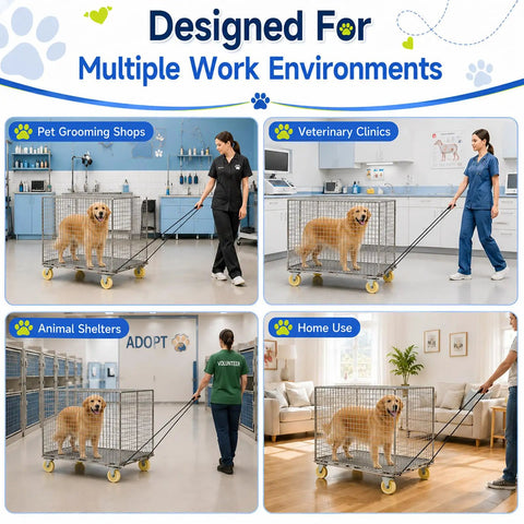 Heavy Duty Dog Crate Dolly With Rollin Wheels And Polished Chrome Casters 42 By 24 Inch mobile pet transport cart in various environments.