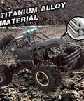 One Twelve Scale RC Off Road Monster Truck With Metal Shell And LED Headlights on rocky terrain, showing titanium alloy material.