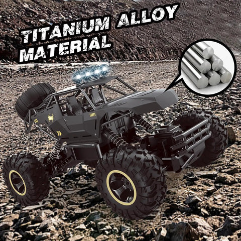 One Twelve Scale RC Off Road Monster Truck With Metal Shell And LED Headlights on rocky terrain, showing titanium alloy material.