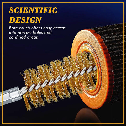 Close-up of brass brush from 12 Piece Bore Brush Set For Drill With Stainless Steel And Brass Brushes, One Quarter Inch Hex Shanks