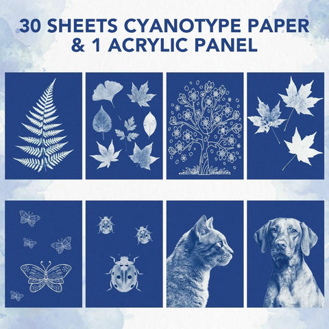 Dope Sun Print Cyanotype Kit With 30 Sheets Of Paper And Acrylic Panel showing nature and animal prints.