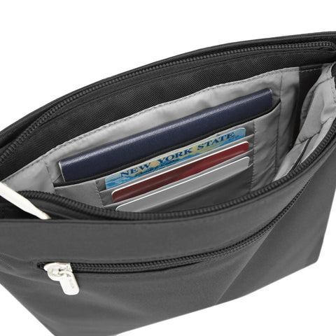 Open view of Anti-Theft Classic Mini Shoulder Bag With 5-Point Security System, showing card slots and secure zippered compartments.
