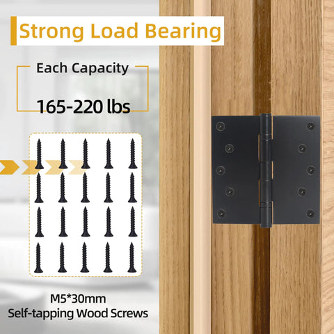 5 Inch by 5 Inch Heavy Duty Door Hinges That Hold Up to 220 Lbs with 20 Screws, Square Corner Design, Rugged Steel Construction for Interior and Exterior Doors, Easy Install, Smooth Operation, Maximum Bearing Strength, black hinge on wood door