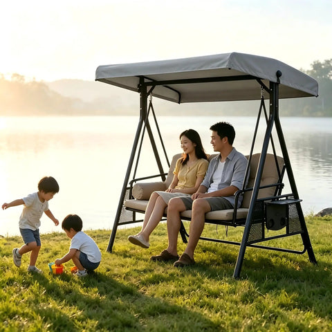 Two adults seated on 3-seat outdoor swing with Heavy Duty Swing Canopy Cover For 3 Seat Outdoor Swings Waterproof All Weather Patio Shield Tough As Nails Universal Fit Garden Backyard Furniture Cover For Porch Swings Durable Gray Large Top