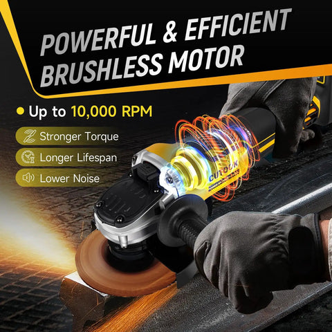 Cordless 4.5 Inch Angle Grinder With 10000 RPM Brushless Motor shown cutting metal with sparks and highlighted motor features