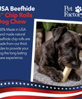 Dog chewing 5-inch USA-made beefhide chew with packaging text, American flag design; Made In USA Thick Beefhide Chews For Dogs Long Lasting