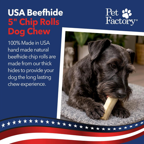 Dog chewing 5-inch USA-made beefhide chew with packaging text, American flag design; Made In USA Thick Beefhide Chews For Dogs Long Lasting