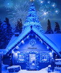 Snowy cabin with festive blue lights and fireworks in winter setting