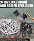Beefed Up 420 Chain With 102 Links And Heavy Duty Chain Roller Tensioner Kit for 50cc to 140cc bikes, black tensioner, chain coiled