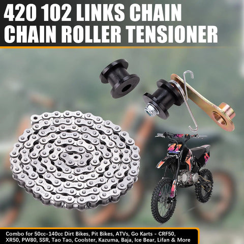 Beefed Up 420 Chain With 102 Links And Heavy Duty Chain Roller Tensioner Kit for 50cc to 140cc bikes, black tensioner, chain coiled