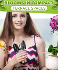Woman holding Mini 3 Piece Garden Tool Set With Trowel Shovel And Hand Rake For Indoor Plants against floral background.