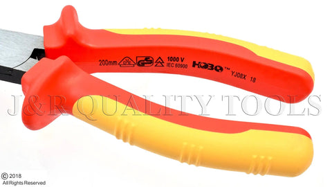 Heavy Duty Insulated Electrician Pliers And Wire Stripper Tools Three Piece Pro Level Toolkit With Genuine 1000 Volt Safety Rating Built Damn Solid For Quick Electrical Fixes, close-up view of 200mm insulated pliers.
