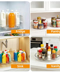 Easy Peasy 10 Inch Round Lazy Susan Turntable Organizer, 3 Pack in fridge, pantry, sink, and vanity with bottles and jars.
