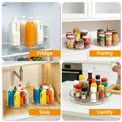 Easy Peasy 10 Inch Round Lazy Susan Turntable Organizer, 3 Pack in fridge, pantry, sink, and vanity with bottles and jars.