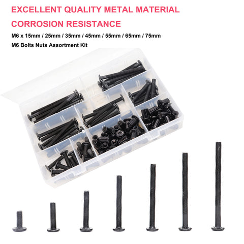 Black M6 Allen Bolts Kit 100 Pcs Socket Cap Screws And Rivet Cap Nuts in plastic box, different lengths visible