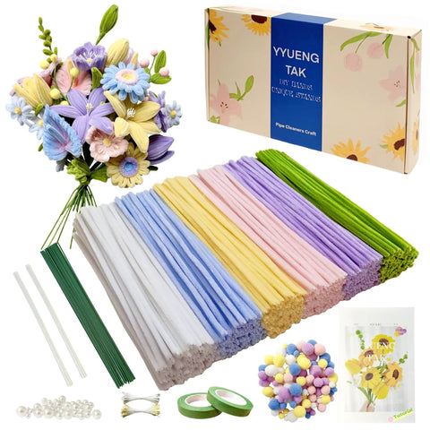 Pipe Cleaner Flower Kit With Video Tutorial 500 Pcs Craft Set with colorful stems, beads, pompoms, and DIY bouquet example.