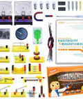 Electricity And Magnetism Kit For Kids With 50 Pieces, Fun Hands On STEM Experiments In Circuits And Electromagnetism displayed with manual.