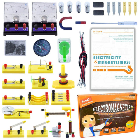 Electricity And Magnetism Kit For Kids With 50 Pieces, Fun Hands On STEM Experiments In Circuits And Electromagnetism displayed with manual.