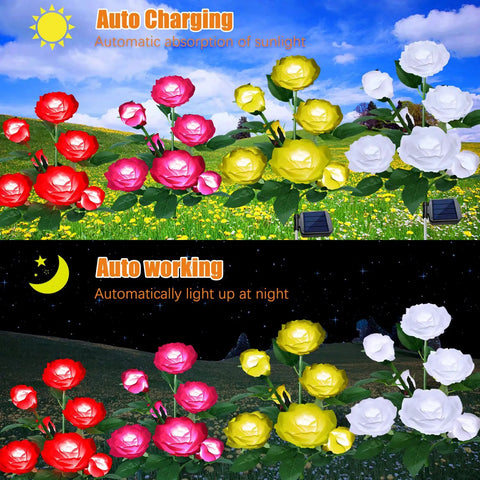 Outdoor Solar Rose Lights Seven Rose Flower Garden Stakes for Pathway Patio and Yard Decor pink bloom with large solar panel