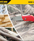 Beast 10 Inch Folding Hand Saw With SK5 Steel Blade And Triple Cut Razor Teeth for pruning wood and pipes displayed outdoors