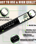 Super Solid Two In One Digital Angle Finder Protractor And Miter Saw Gauge showing easy-to-use features and buttons for precise woodworking.