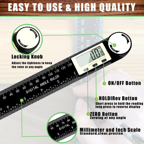 Super Solid Two In One Digital Angle Finder Protractor And Miter Saw Gauge showing easy-to-use features and buttons for precise woodworking.