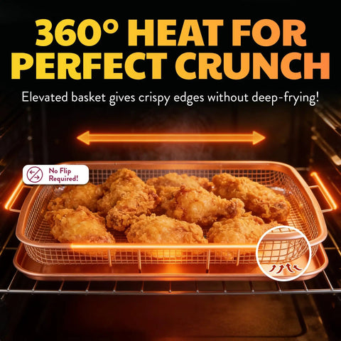 Two Piece Aluminum Baking Sheet With Air Fry Rack And Copper Nonstick Coating in oven with crispy chicken