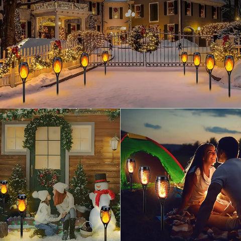 Outdoor Halloween Lights Four Pack LED Torch Lanterns with Flickering Flame Effect Waterproof Tiki Torches for Lawn and Garden Decoration